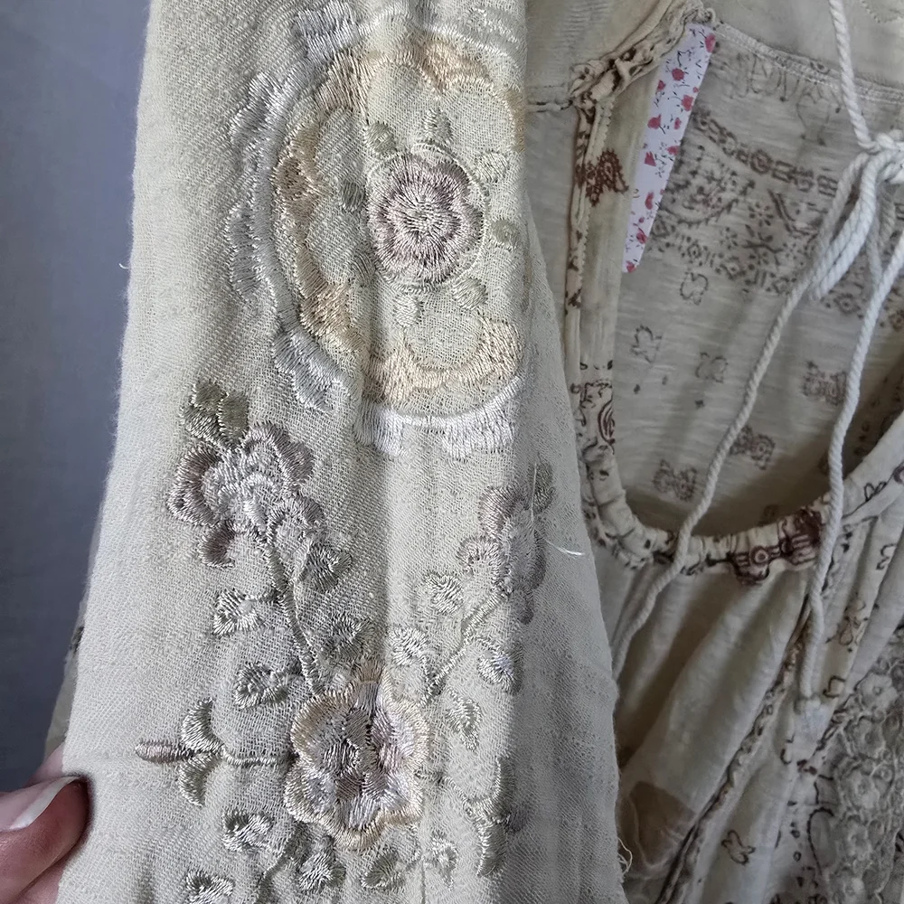 Free People Boom Boom Tunic Oversized Cream and Tan Boho Blouse NEW - Picture 7 of 15